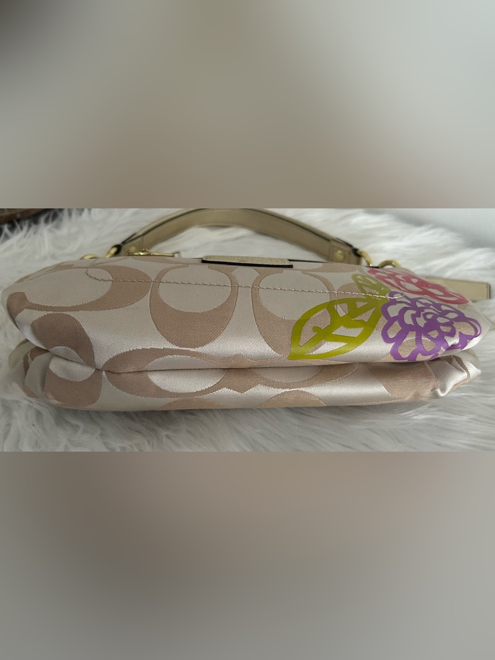 Coach Beige Signature Shoulder Bag with Pink Purple Green Floral Accents - Picture 14 of 16